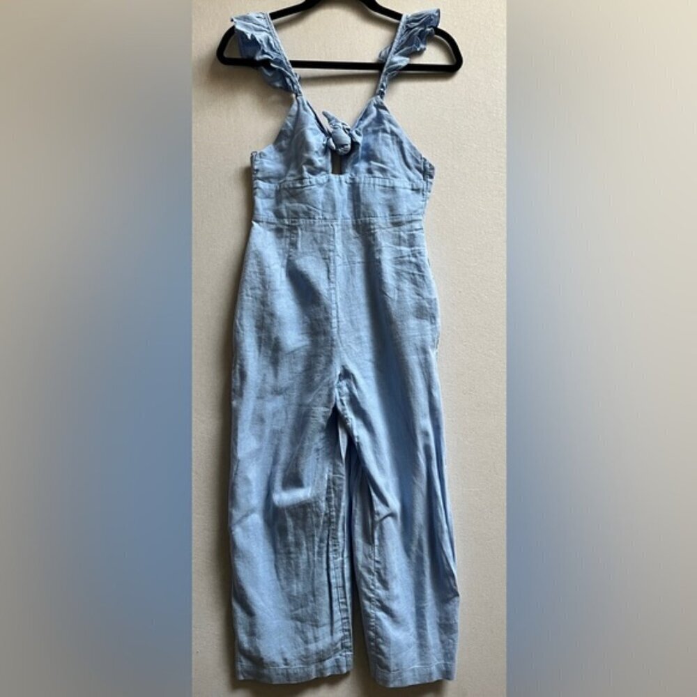 Zara Linen Blend Baby Blue Tie Front Cropped Pants Jumpsuit XS - Picture 2 of 14
